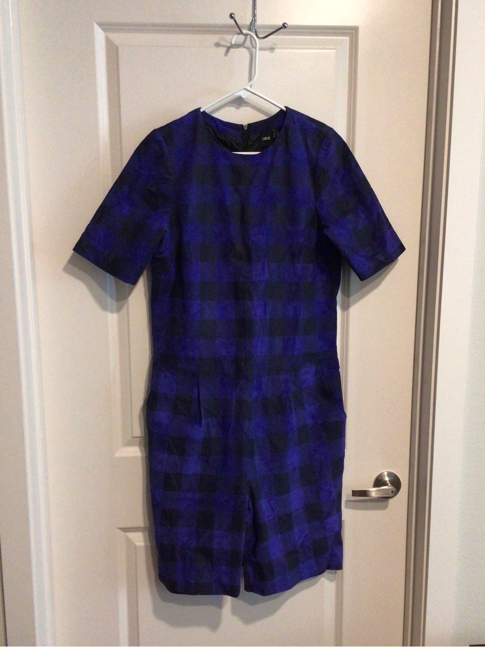 ASOS Blue Plaid Leather Short Sleeve Romper